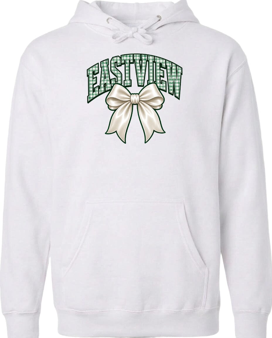 A white hoodie with a graphic design featuring a bow and the word "EASTVIEW" printed on it.