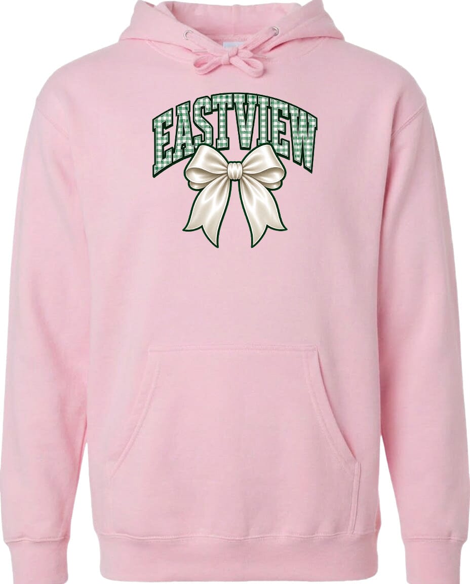 A pink hoodie with a graphic design on the front, featuring a bow and the word "EASTVIEW" written above it.