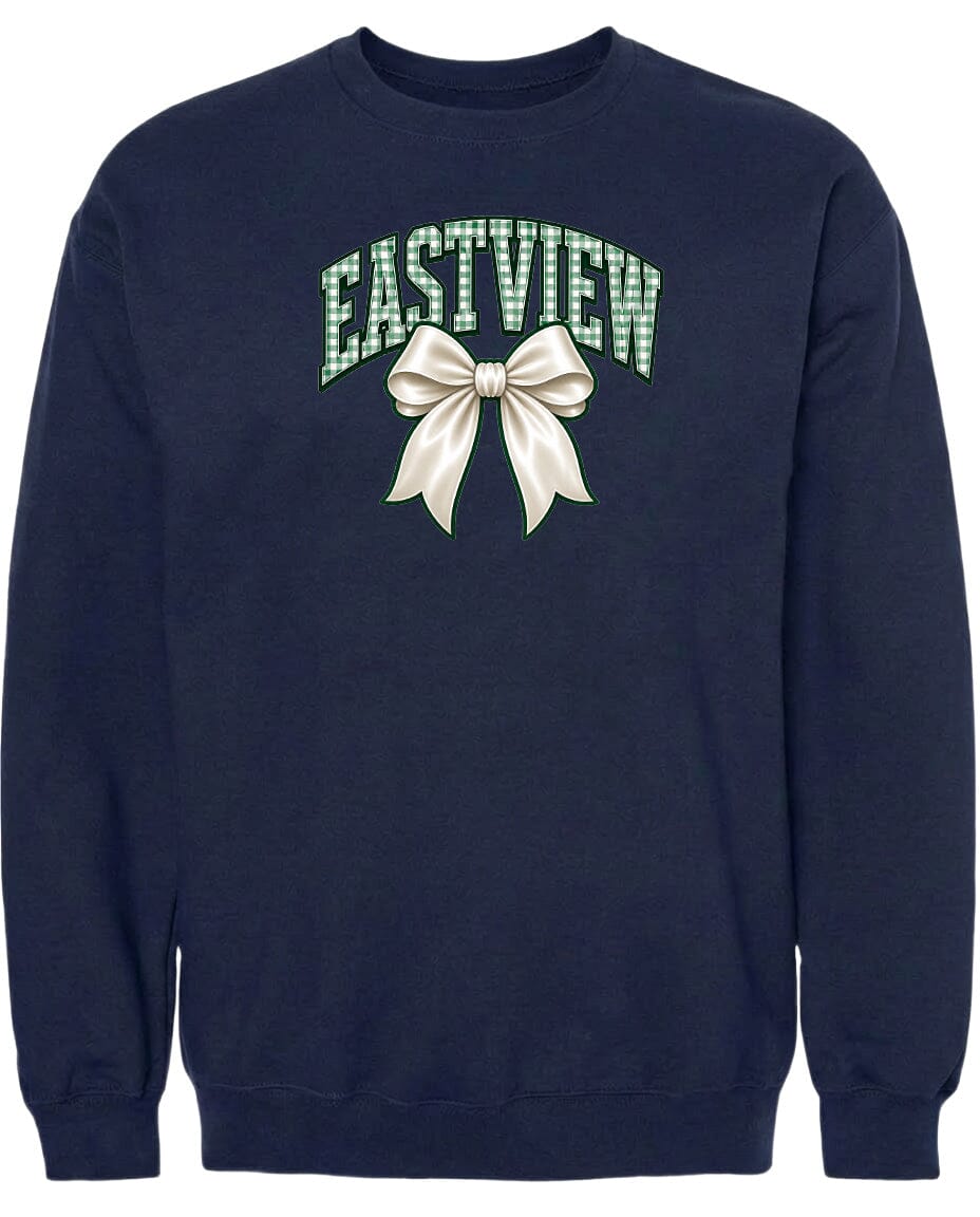 A navy blue sweatshirt with a graphic design on the front. The design features a white bow and the word "EASTVIEW" written in green letters.