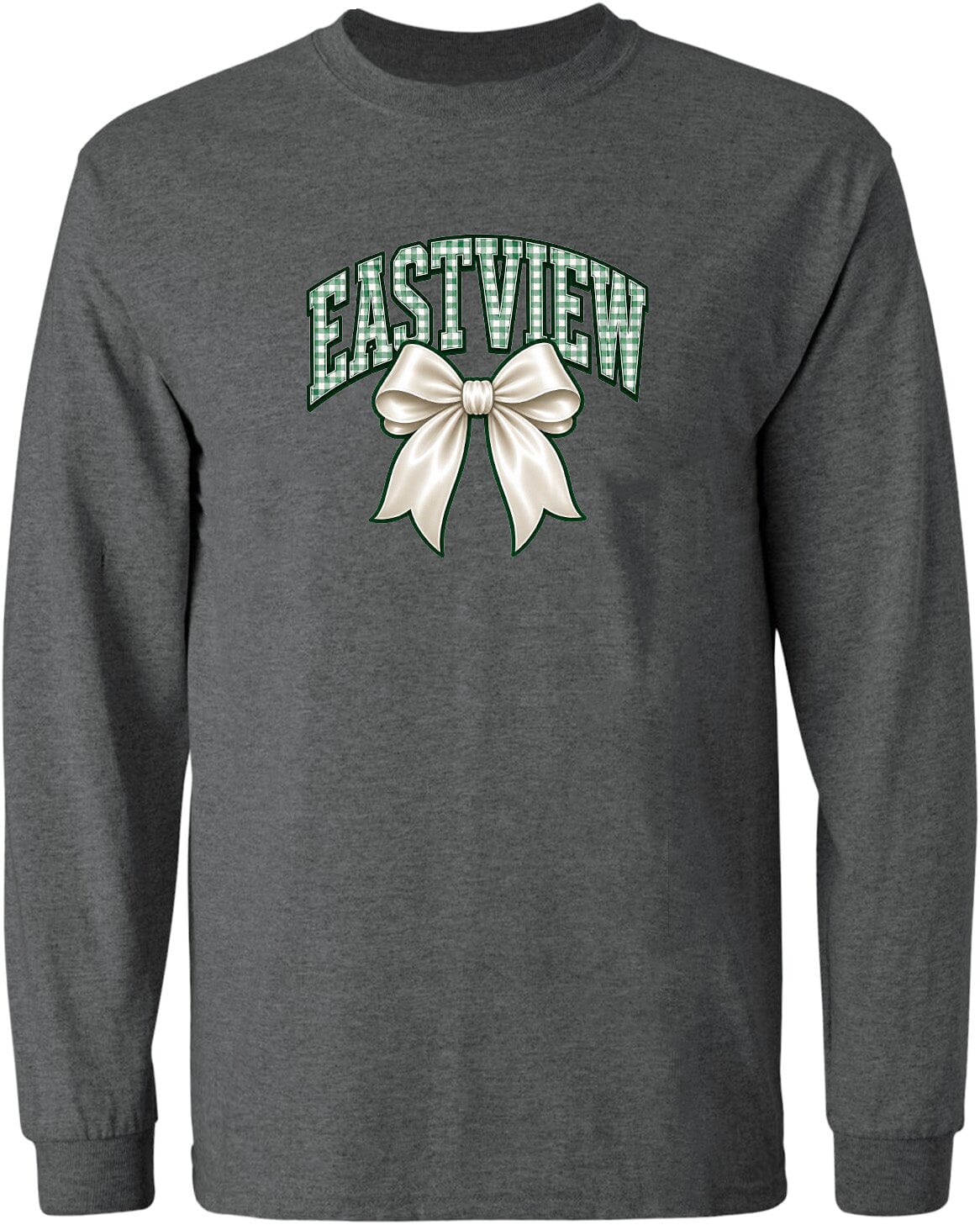 A gray long-sleeved t-shirt with a graphic design on the front. The design features a large white bow and the word "EASTVIEW" written in green letters.