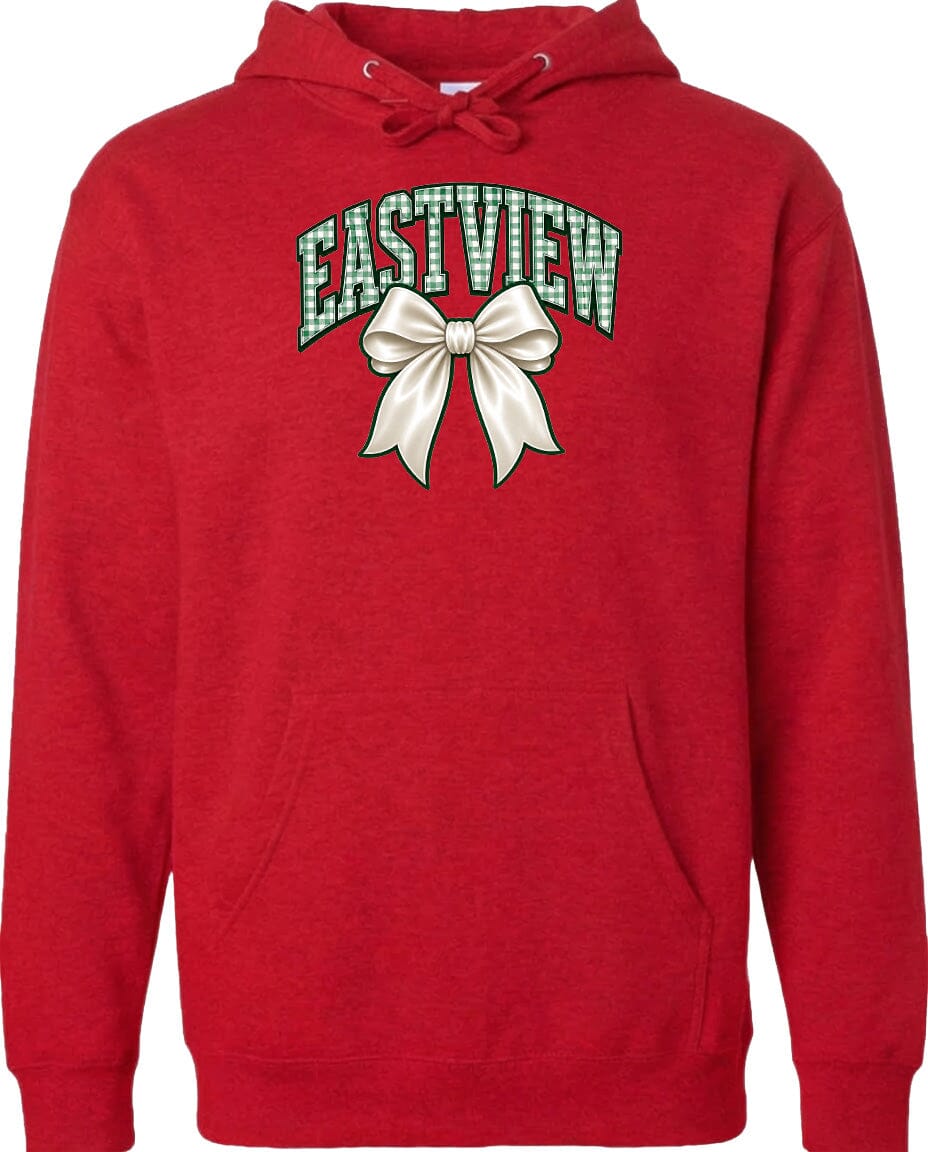 A red hoodie with a graphic design featuring a white bow and the word "EASTVIEW" printed on it.