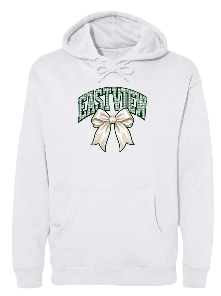 A white hoodie with a graphic design featuring a bow and the word "EASTVIEW" printed on it.