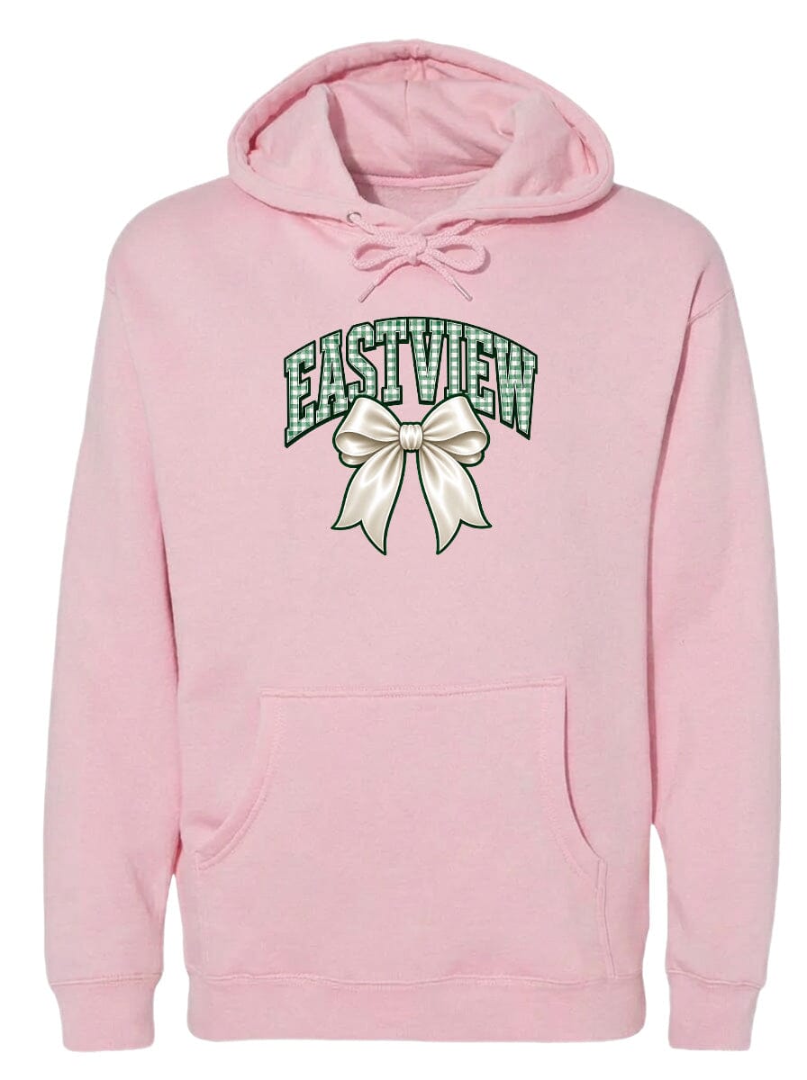 A pink hoodie with a green and white bow graphic and the word "EASTVIEW" printed on it.