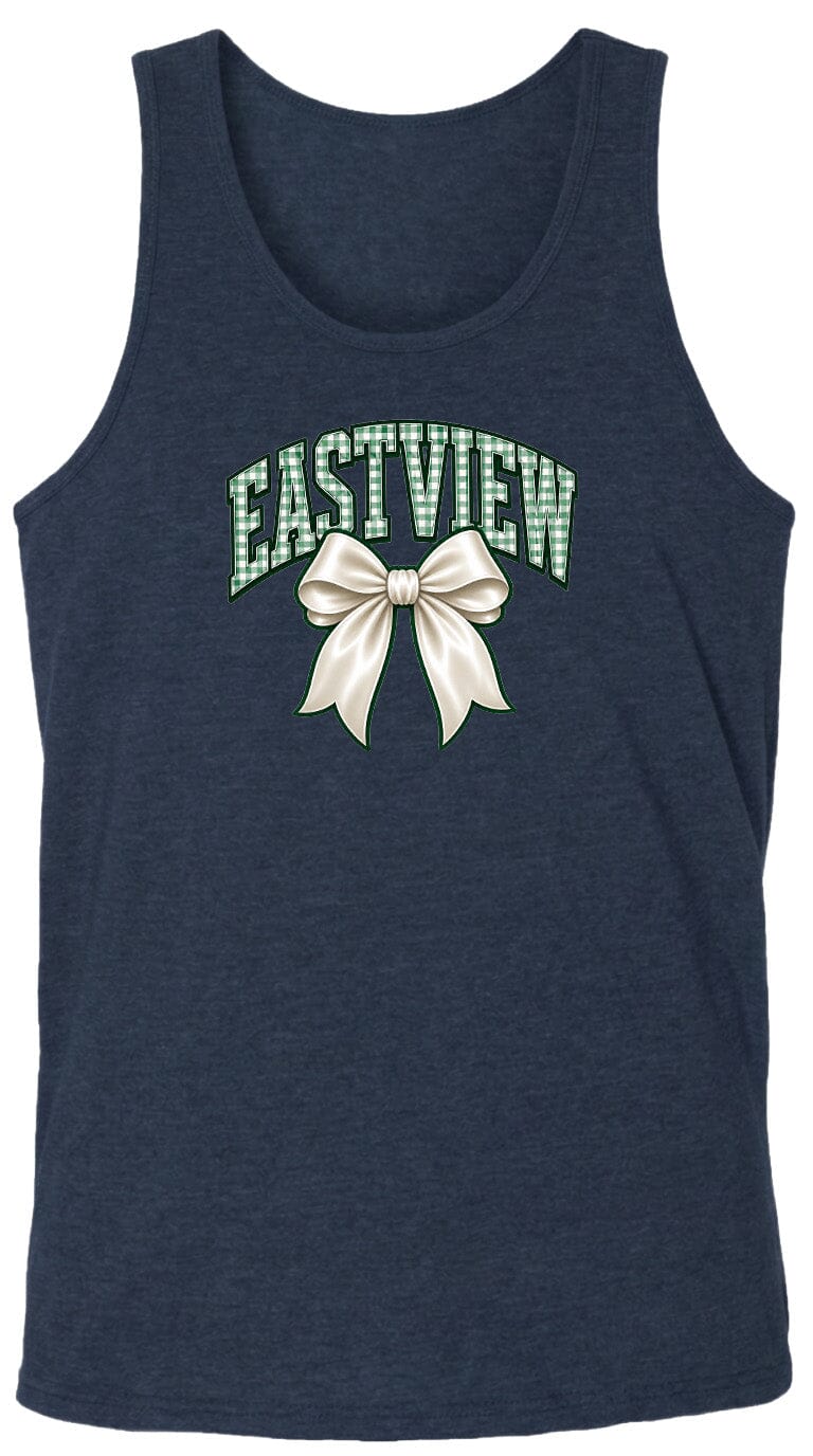 A navy blue tank top with a graphic design featuring a white bow and the word "EASTVIEW" printed on it.
