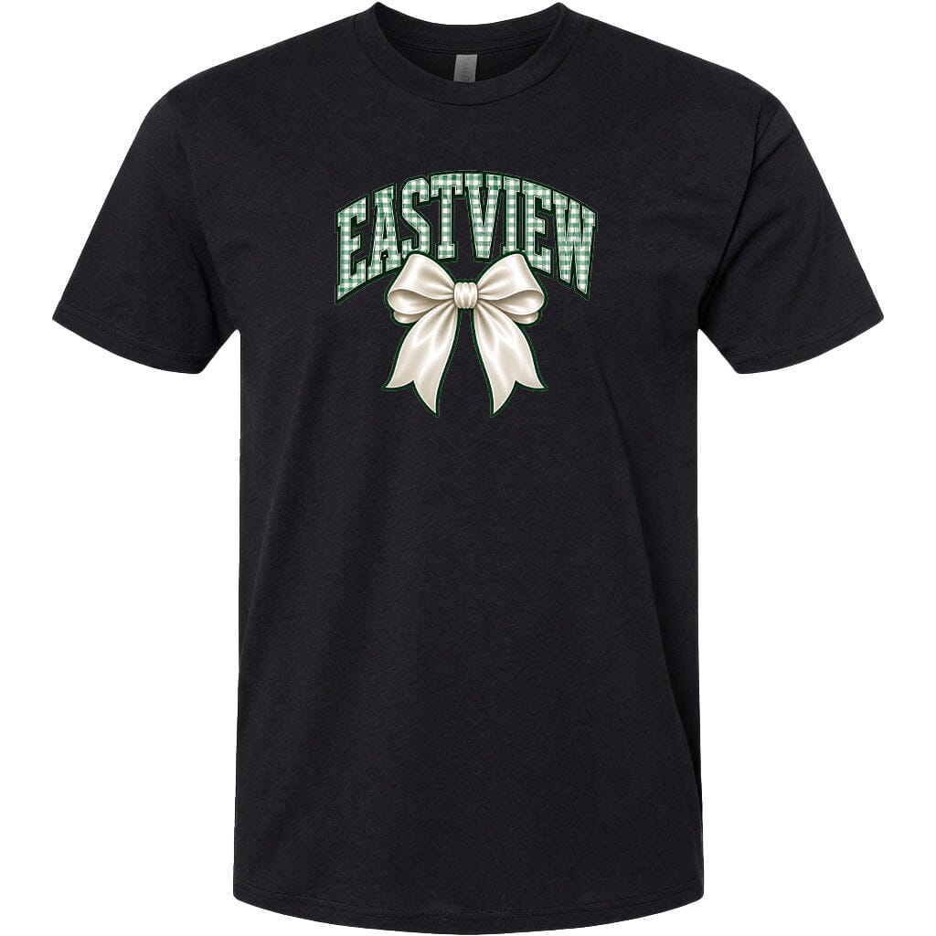 A black t-shirt with a graphic design featuring a white bow and the word "EASTVIEW" written in green.