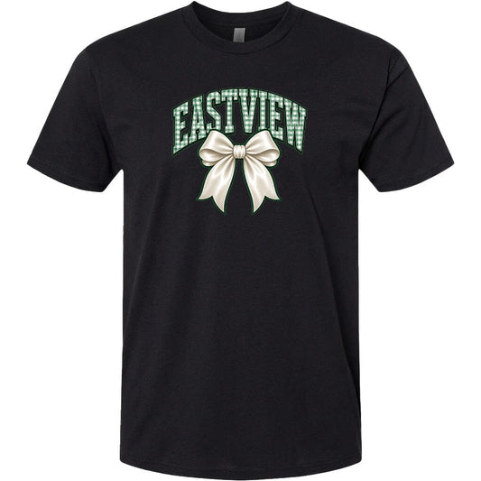 A black t-shirt with a graphic design featuring a white bow and the word "EASTVIEW" written in green.