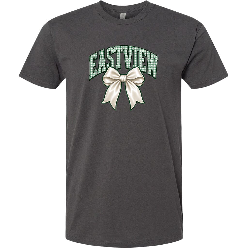 A gray t-shirt with a graphic design featuring a white bow and the text "EASTVIEW" printed on it.