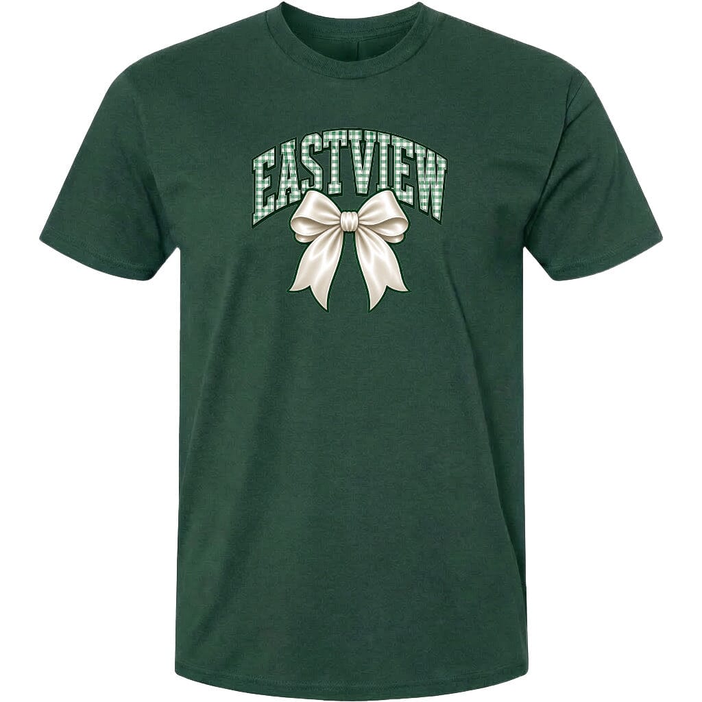 A dark green t-shirt with a white bow and the word "EASTVIEW" printed on it.