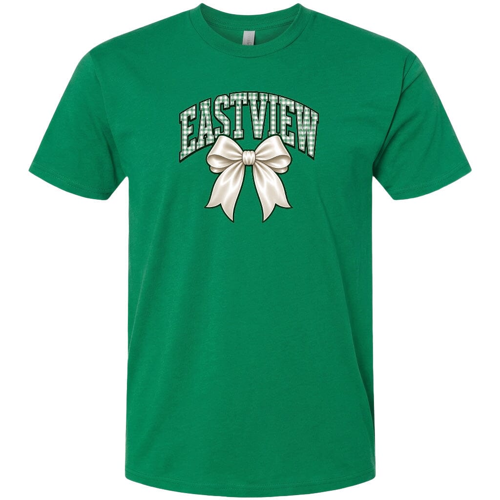 A green t-shirt with a white bow and the word "EASTVIEW" printed on it.