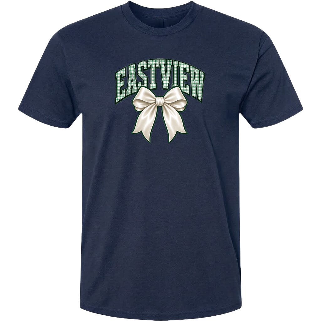 A navy blue t-shirt with a graphic design featuring a white bow and the word "EASTVIEW" written in green.