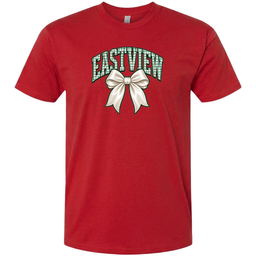 A red t-shirt with a graphic design featuring a white bow and the word "EASTVIEW" printed on it.