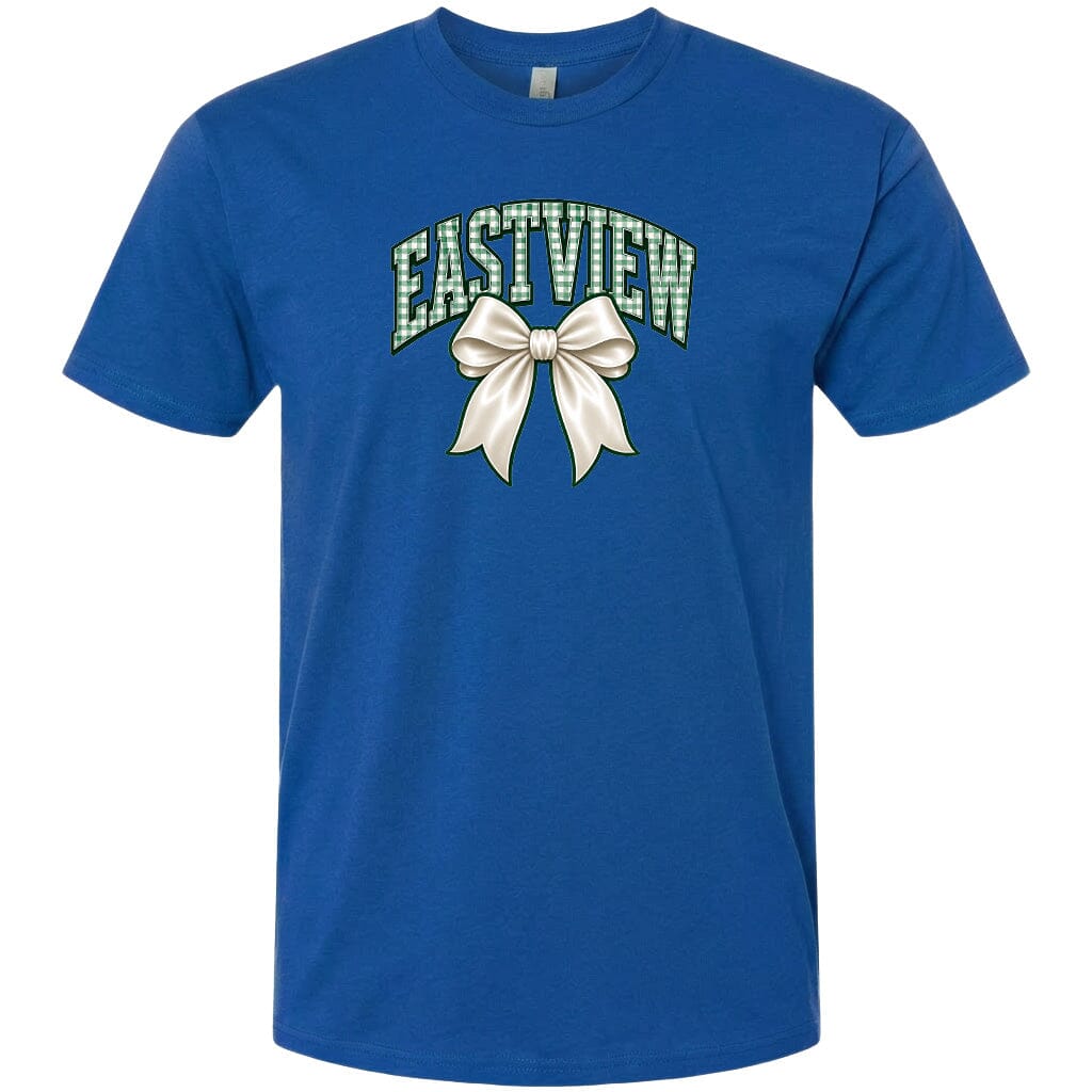 A blue t-shirt with a graphic design featuring a white bow and the word "EASTVIEW" printed on it.