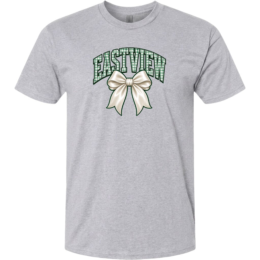 A gray t-shirt with a graphic design featuring a white bow and the word "EASTVIEW" written in green.