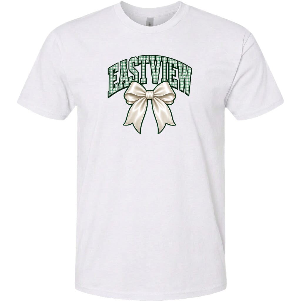 A white t-shirt with a graphic design featuring a bow and the word "EASTVIEW" printed on it.