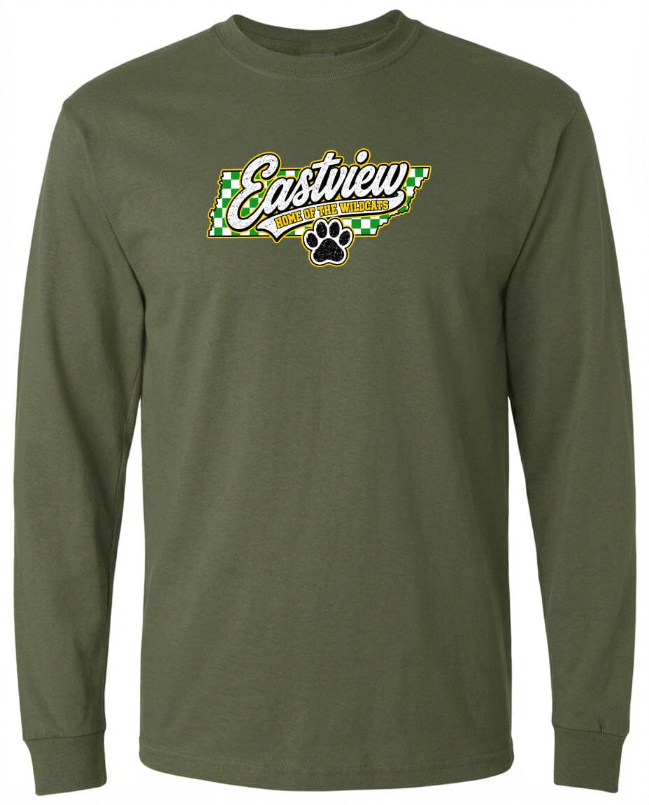 ADULT Eastview Home of the Wildcats Chest Logo T Shirt | Hoodie | Long Sleeve | Sweatshirt | Crew Neck | Tank Top 1 Fiesta Doodle S Long Sleeve Military Green waterproof vinyl sticker. dishwasher safe outdoor sticker.