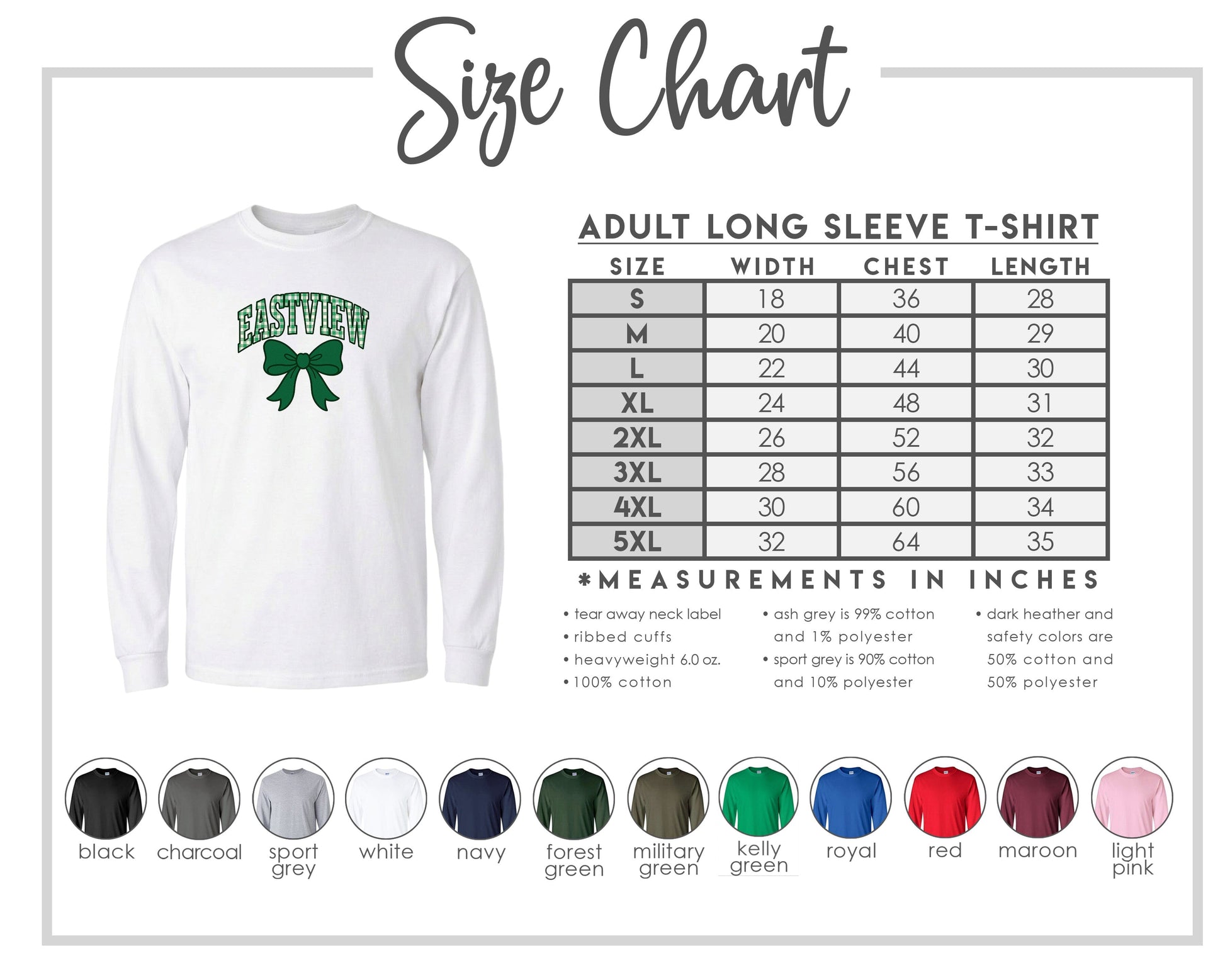 The image is a size chart for an adult long sleeve t-shirt, providing measurements and corresponding shirt colors.