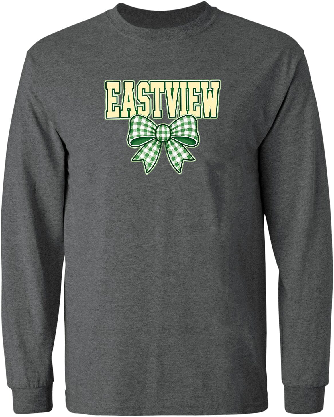 A gray long-sleeved t-shirt with a green and white checkered bow and the word "EASTVIEW" printed on it.