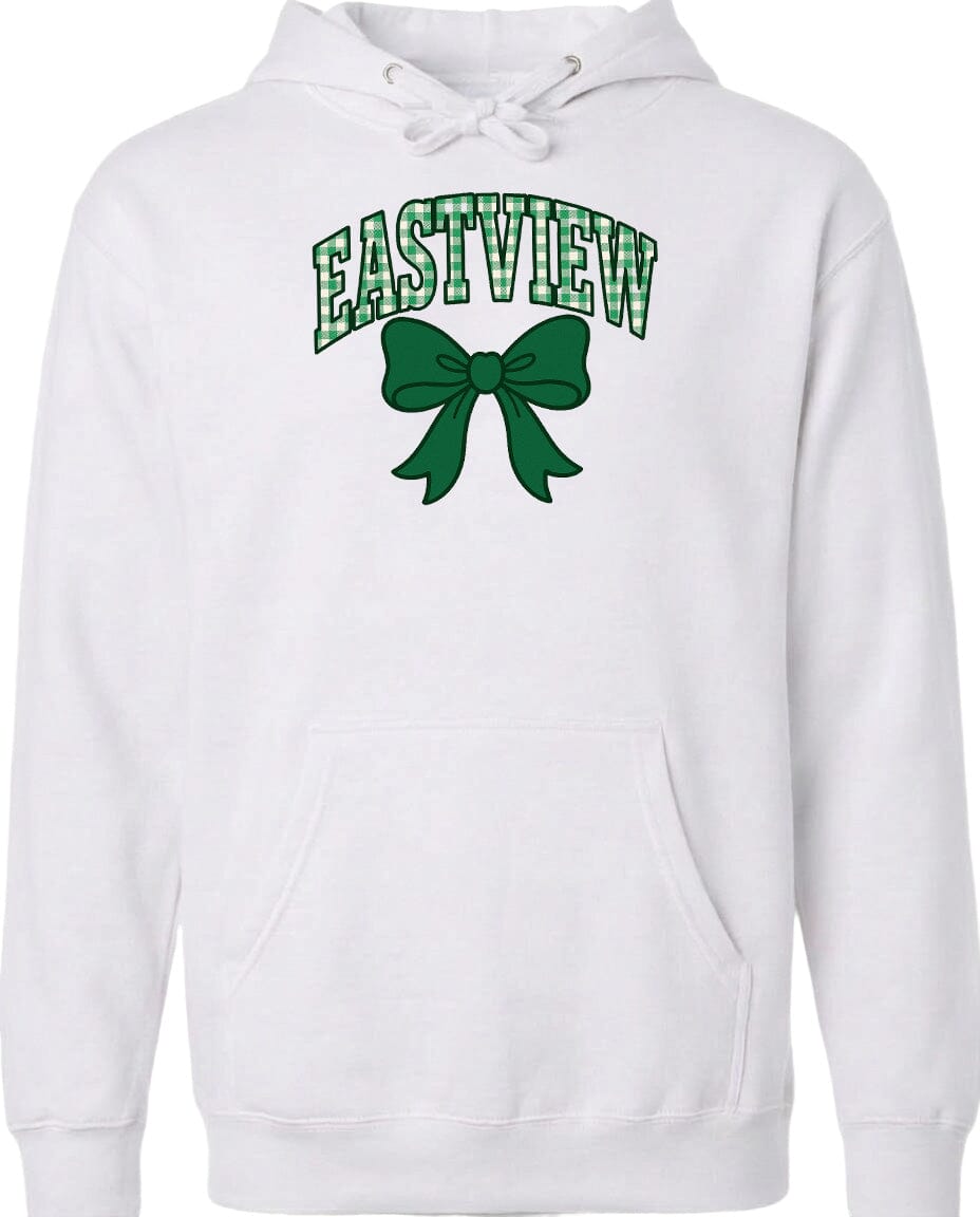 A white hoodie with a green bow and the word "EASTVIEW" printed on it.