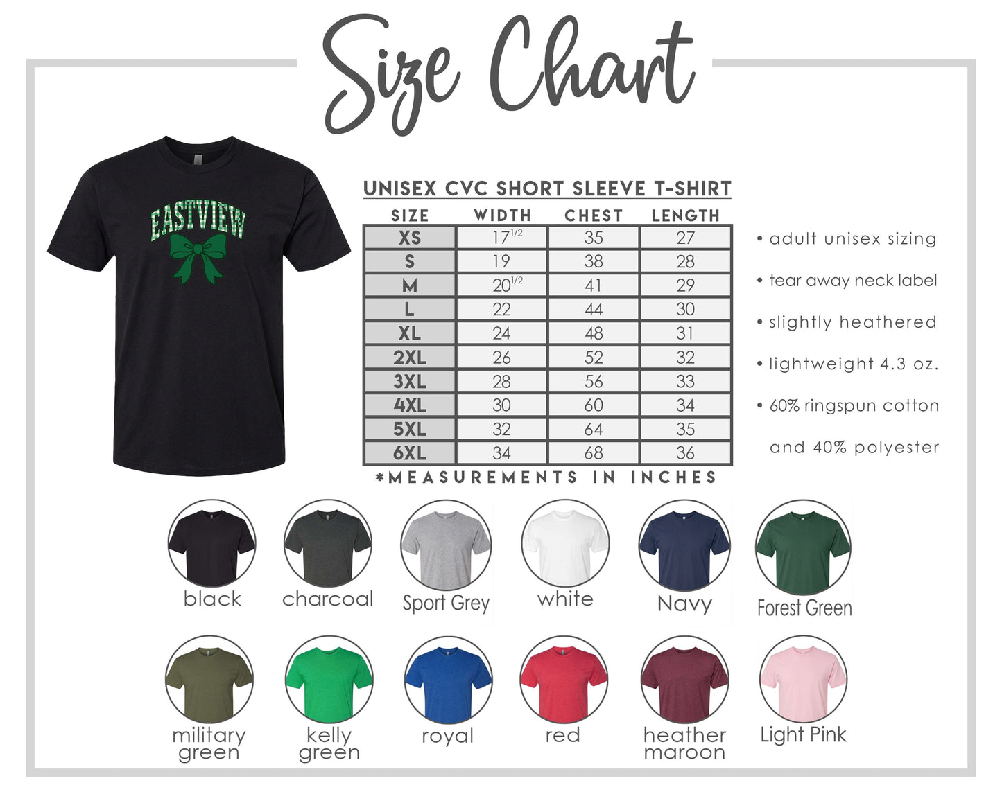 The image is a size chart for a UNISEX CVC short sleeve t-shirt, including various sizes and measurements in inches.