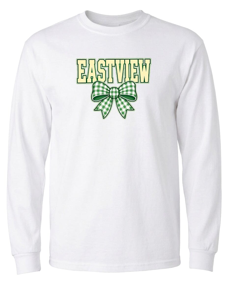 A white long-sleeved t-shirt with a green and white bow on the front.