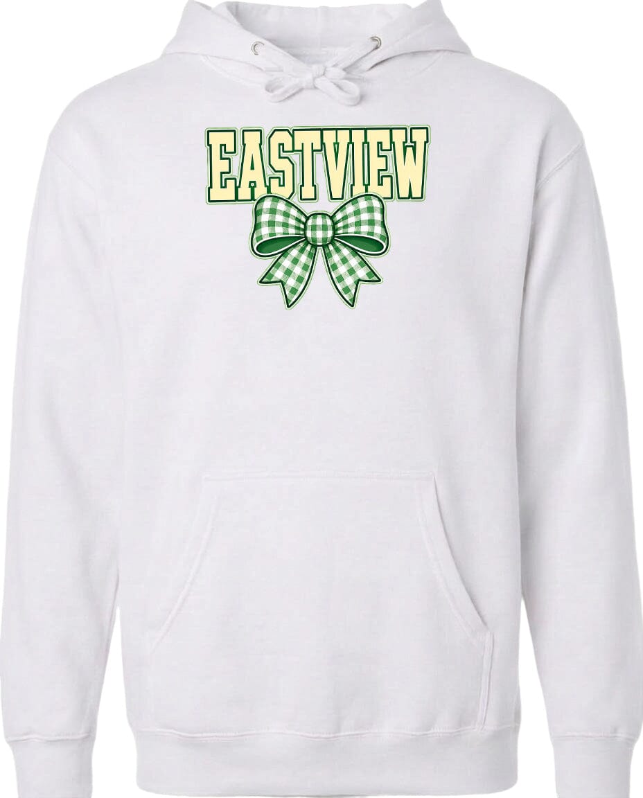 A white hoodie with a green and white bow on the front.
