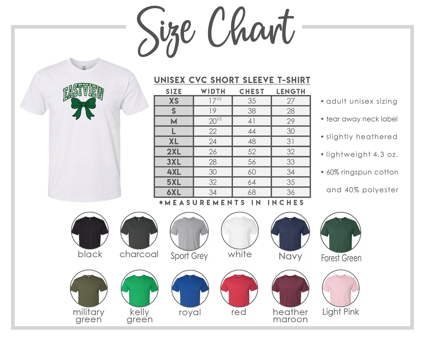 The image is a size chart for a white short sleeve t-shirt, including various color options and corresponding measurements in inches.