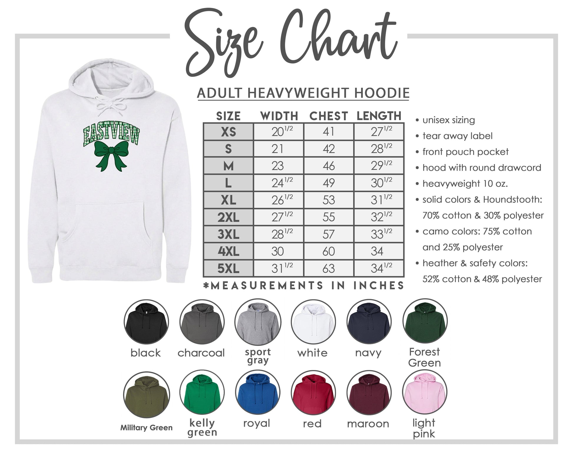 The image is a size chart for an adult heavyweight hoodie, including various color options and measurements in inches.