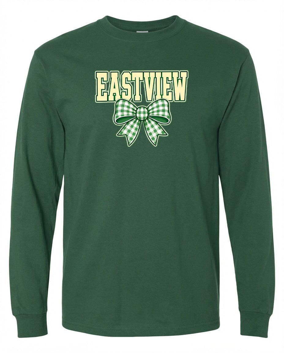 A green long-sleeved t-shirt with a bow and the word "EASTVIEW" printed on it.