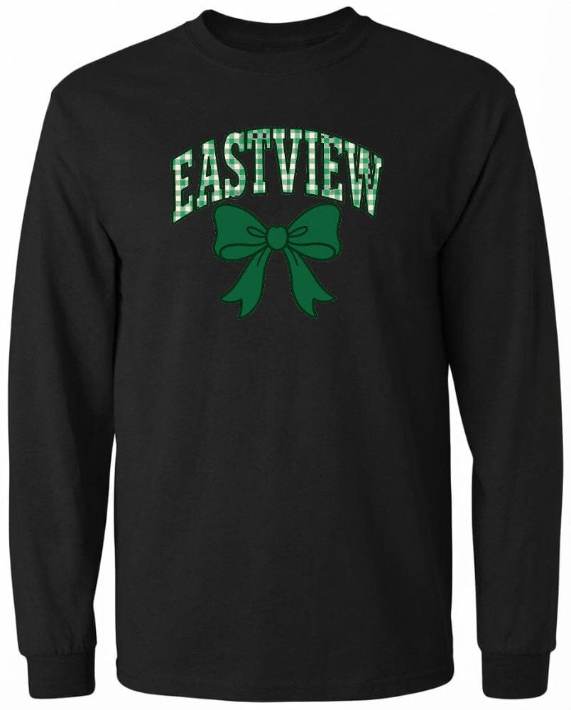 A black long-sleeved shirt with the text "EASTVIEW" and a green bow printed on it.