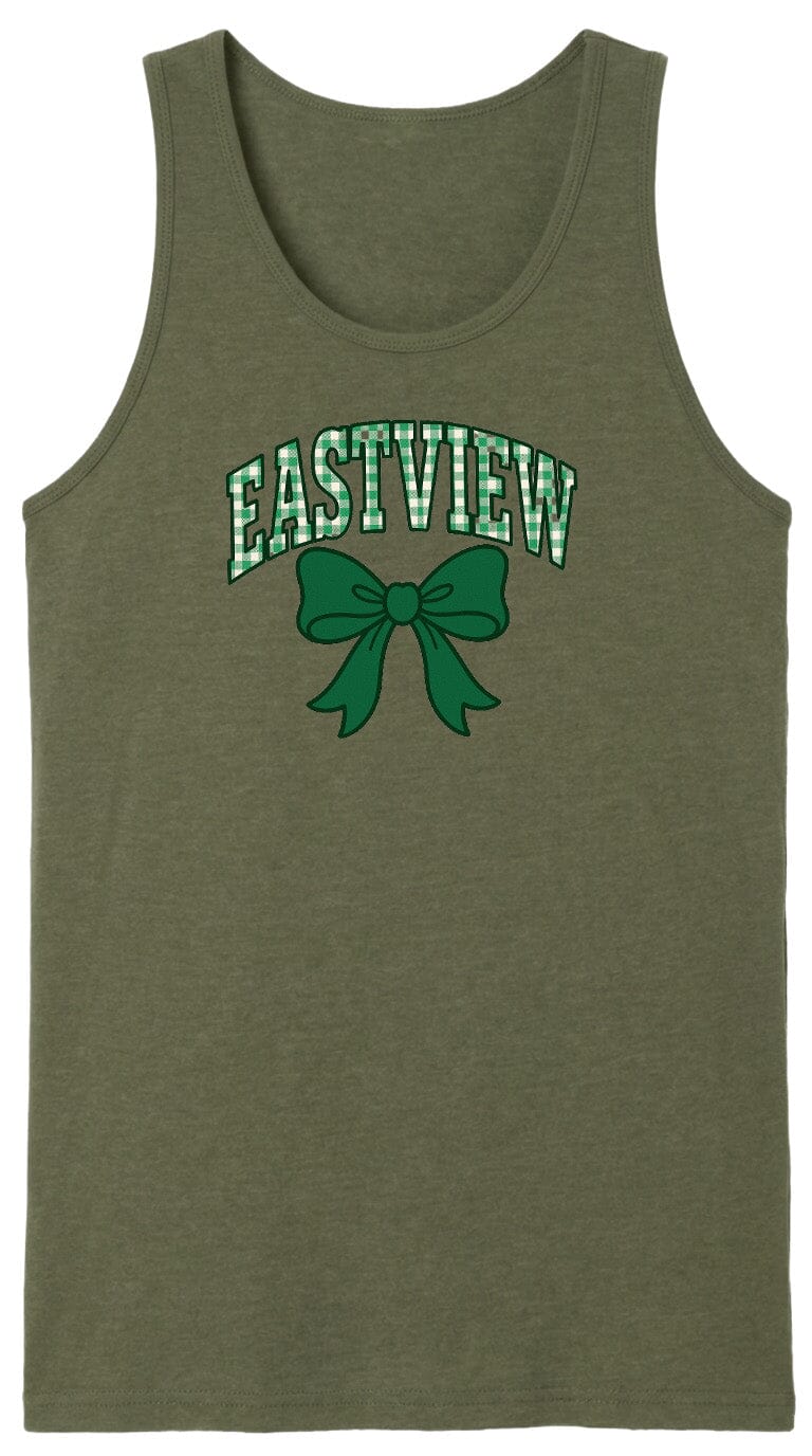 A green tank top with the text "EASTVIEW" and a green bow graphic printed on it.