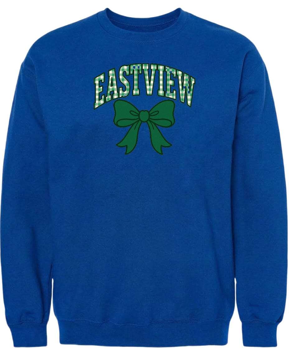 A blue sweatshirt with a green bow and the word "EASTVIEW" printed on it.