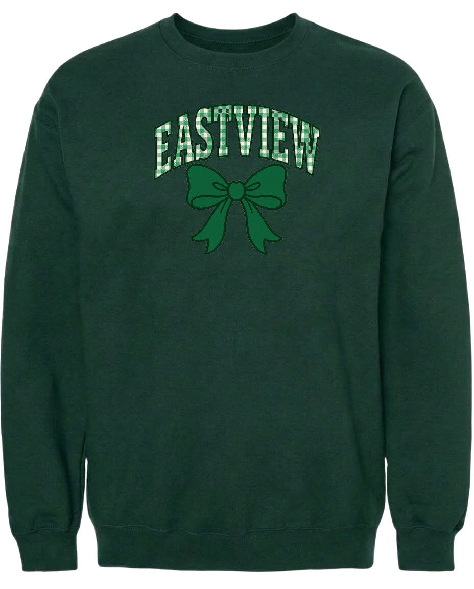 A dark green sweatshirt with a green bow and the word "EASTVIEW" printed on it.