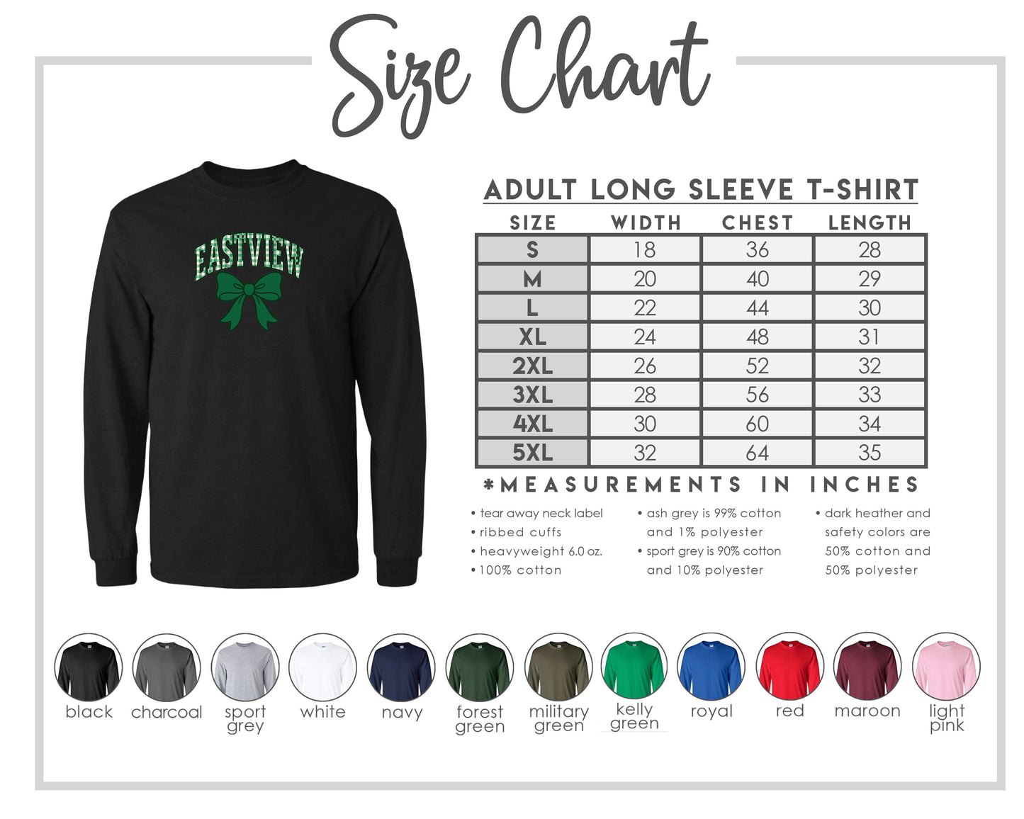The image is a size chart for an adult long sleeve t-shirt, displaying the measurements and corresponding colors for different sizes.