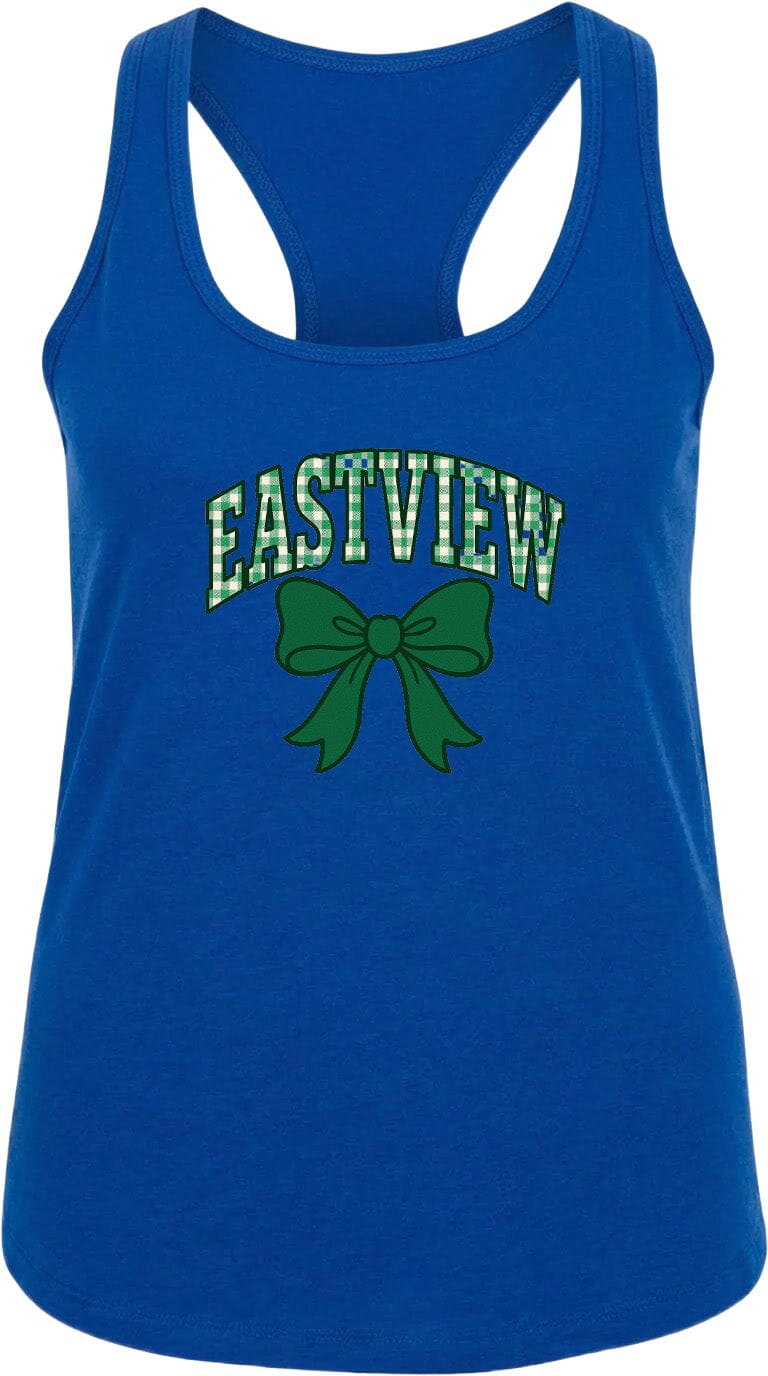 A blue tank top with the text "EASTVIEW" and a green bow graphic printed on it.