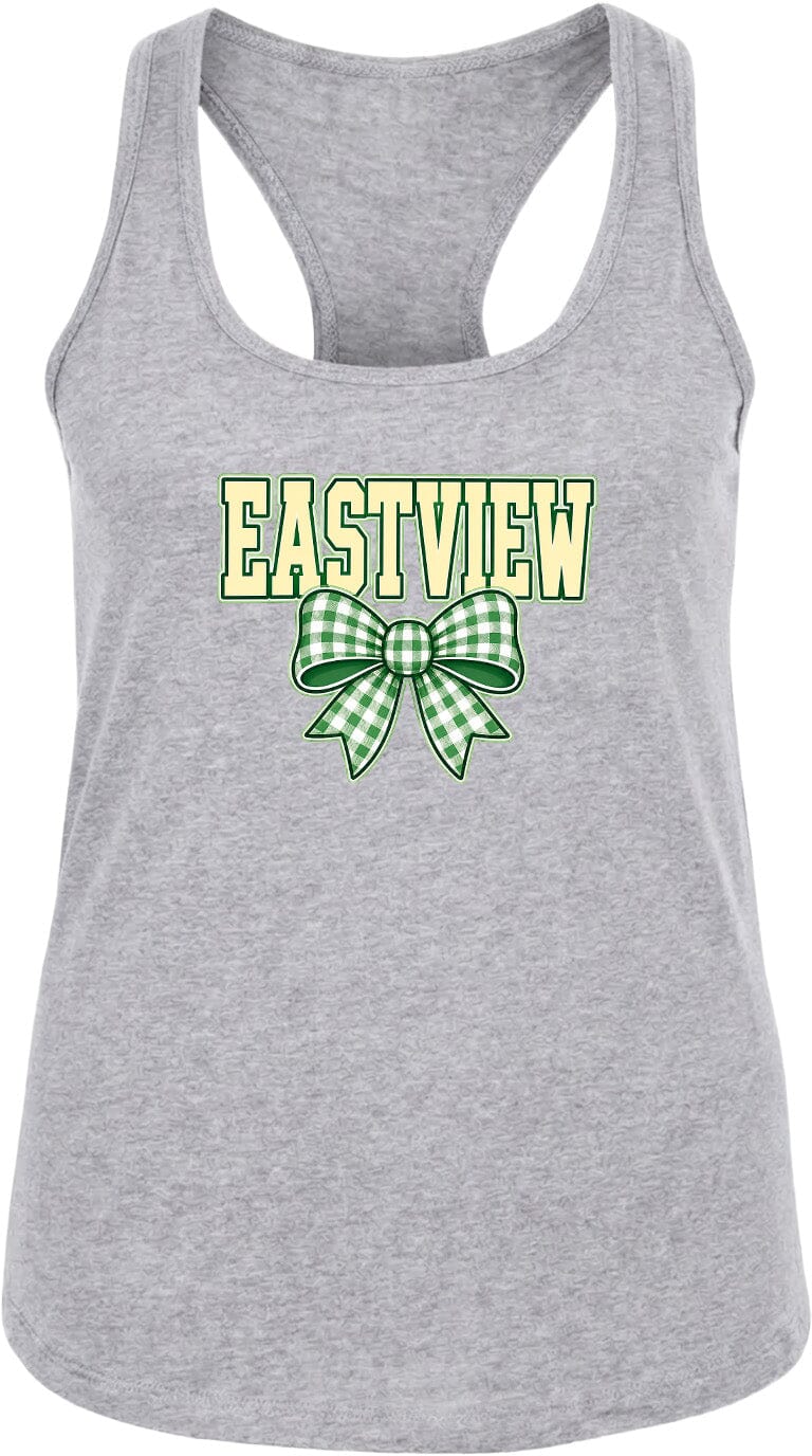A gray tank top with a green and white bow graphic and the word "EASTVIEW" printed on it.