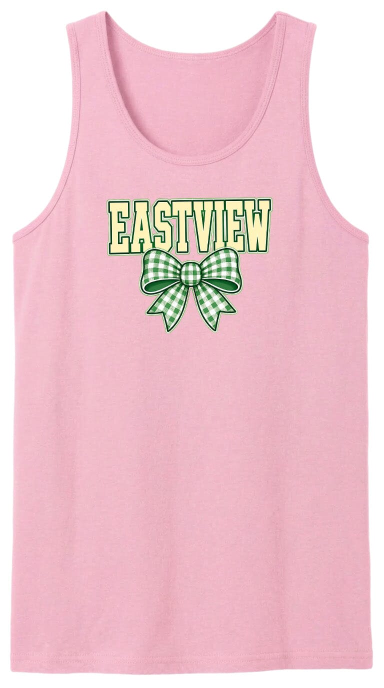 A pink tank top with the word "EASTVIEW" printed on it, along with a green and white checkered bow.