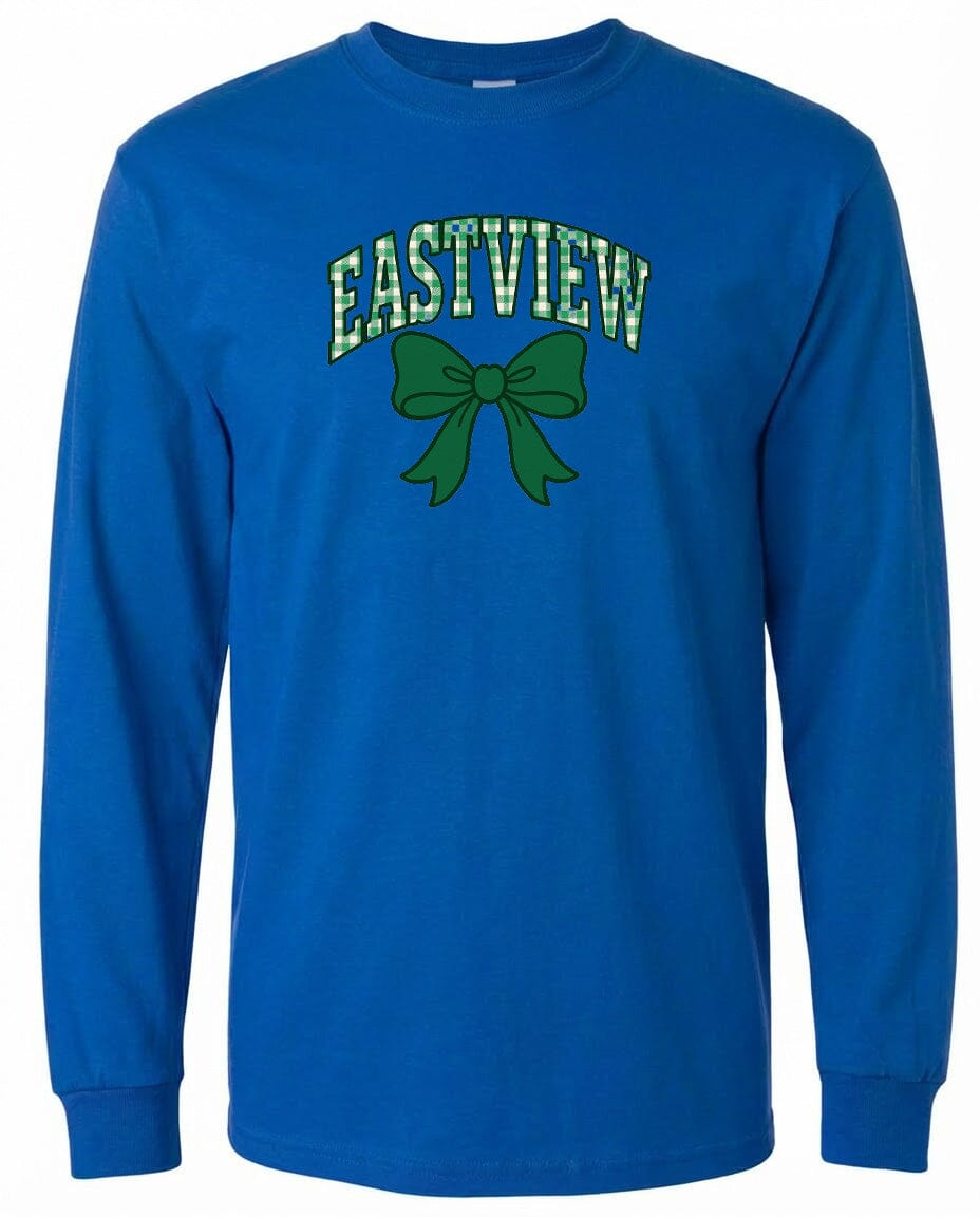 A blue long-sleeved t-shirt with a green bow and the word "EASTVIEW" printed on it.