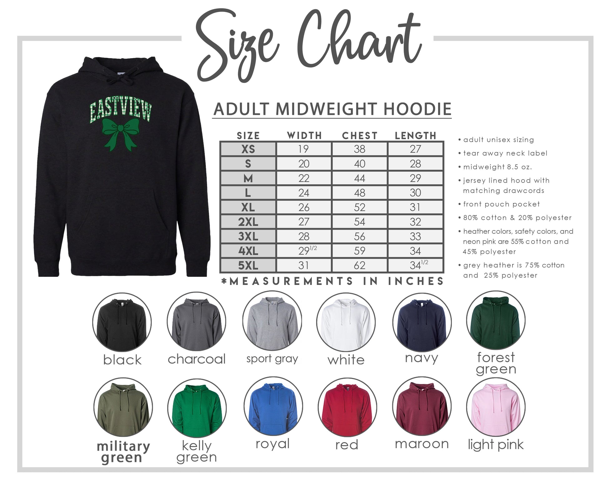 The image is a size chart for an adult midweight hoodie, including various color options and corresponding measurements in inches.