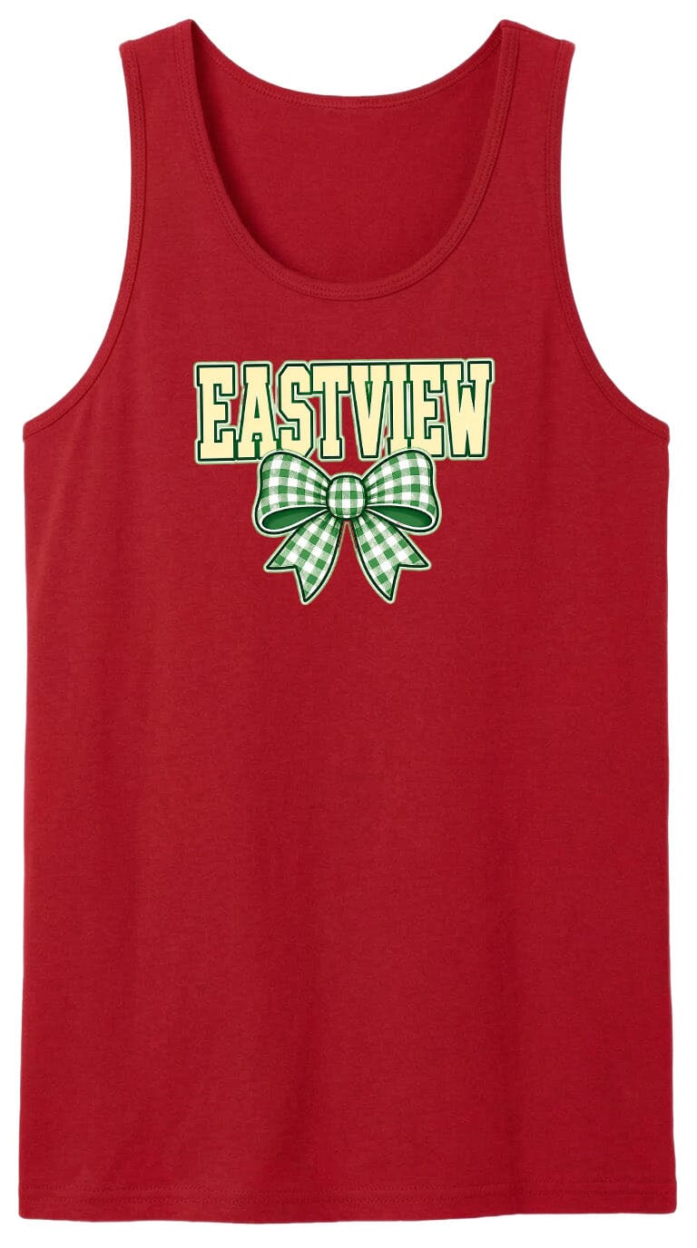 A red tank top with a green and white bow graphic and the word "EASTVIEW" printed on it.