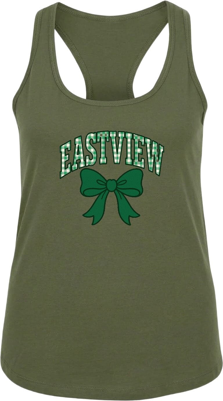 A green tank top with the text "EASTVIEW" and a green bow graphic printed on it.
