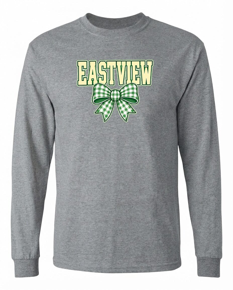 A gray long-sleeved t-shirt with a green and white checkered bow and the word "EASTVIEW" printed on it.