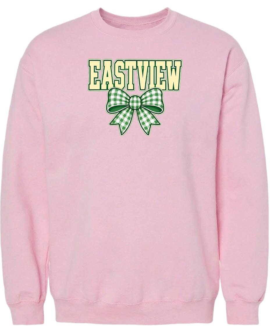 A pink sweatshirt with a green and white bow and the word "EASTVIEW" printed on it.