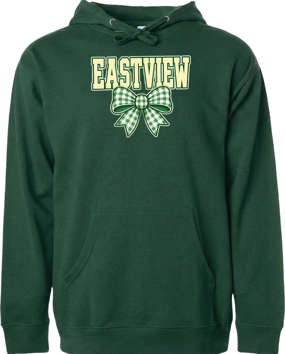 A dark green hoodie with a white and green bow on the front.
