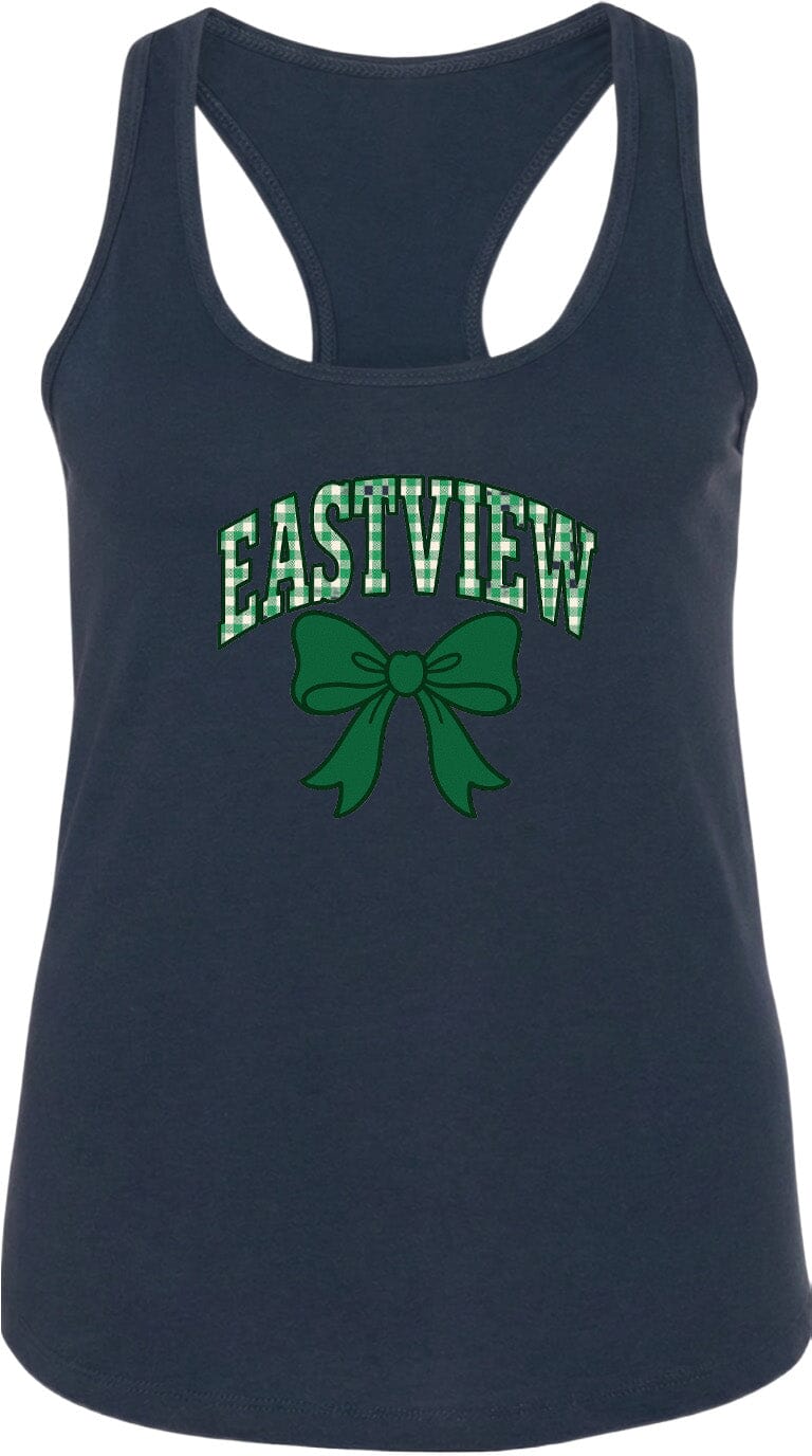 A navy blue tank top with a green bow and the text "EASTVIEW" printed on it.