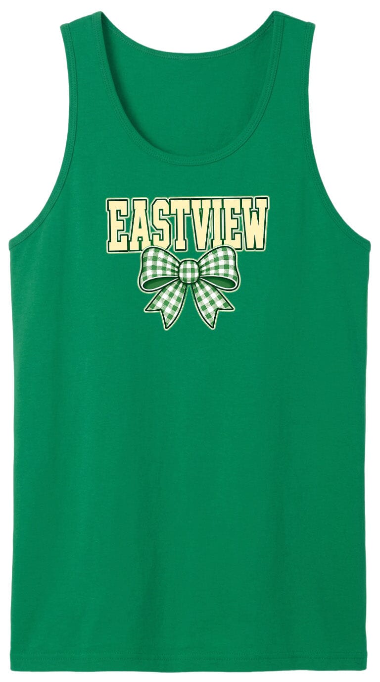 A green tank top with the word "EASTVIEW" printed on it, along with a bow graphic.