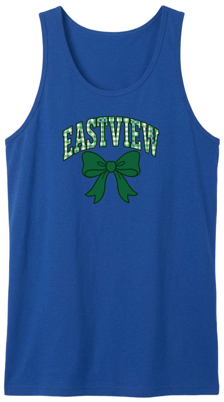 A blue tank top with the text "EASTVIEW" and a green bow graphic printed on it.