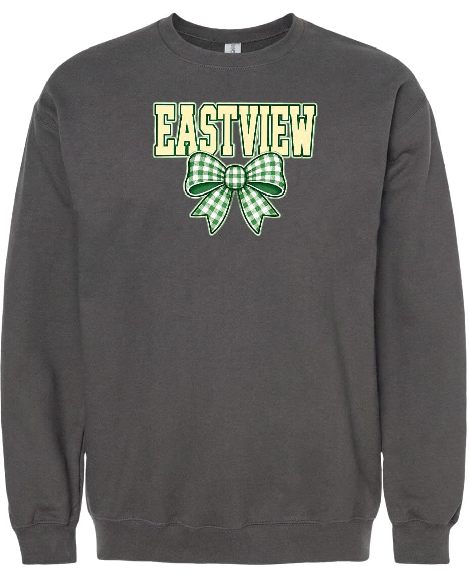 A gray sweatshirt with a green and white bow on the front.