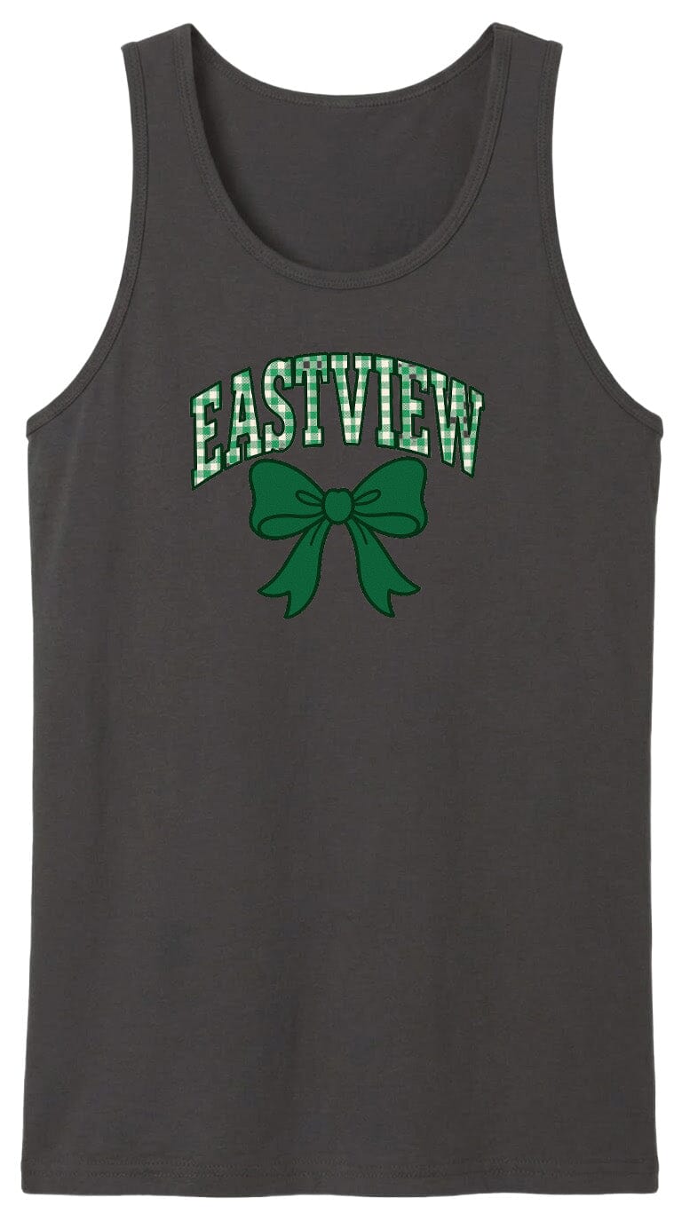 A gray tank top with a green bow and the text "EASTVIEW" printed on it.