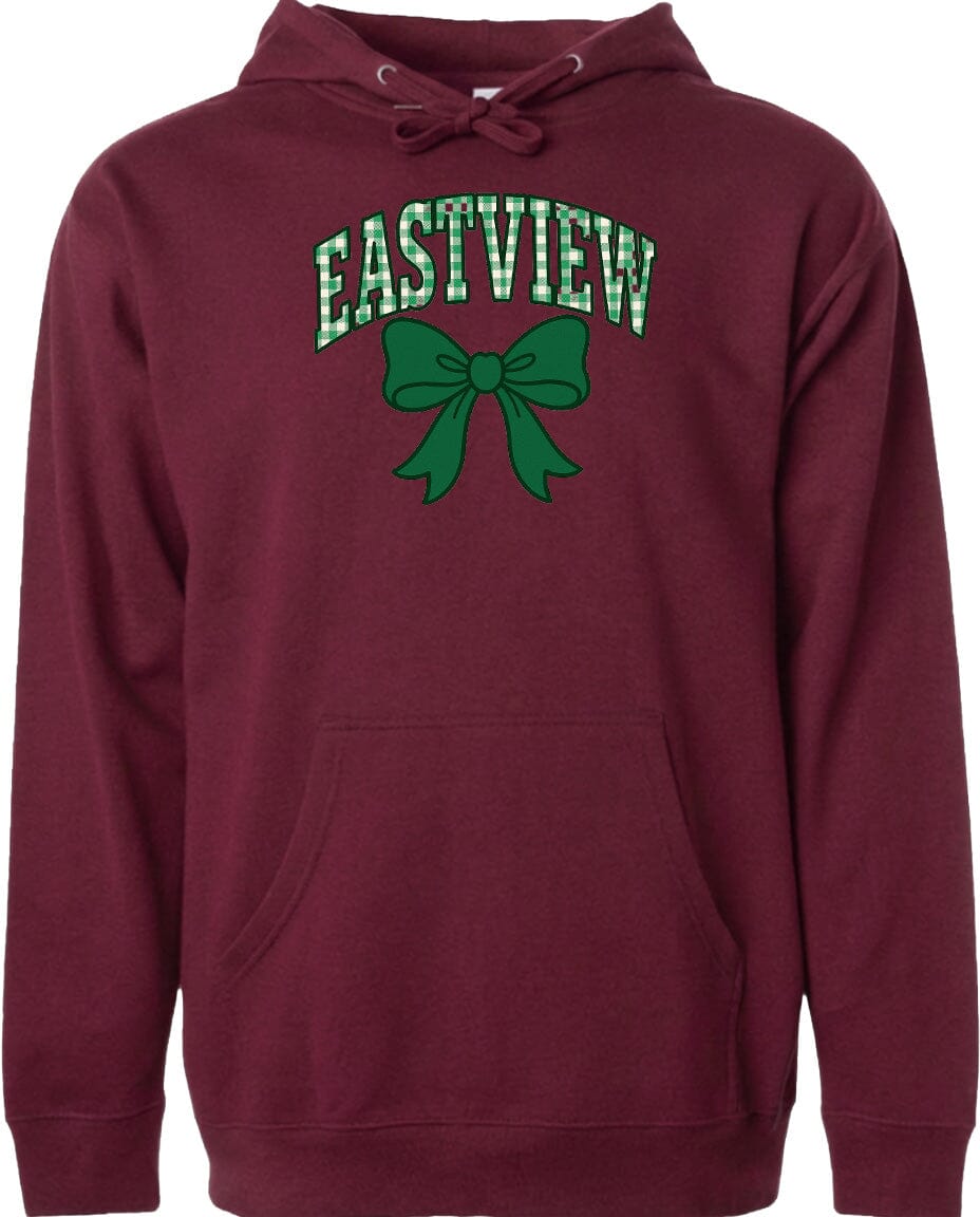 A burgundy-colored hoodie with a green bow and the word "EASTVIEW" printed on it.