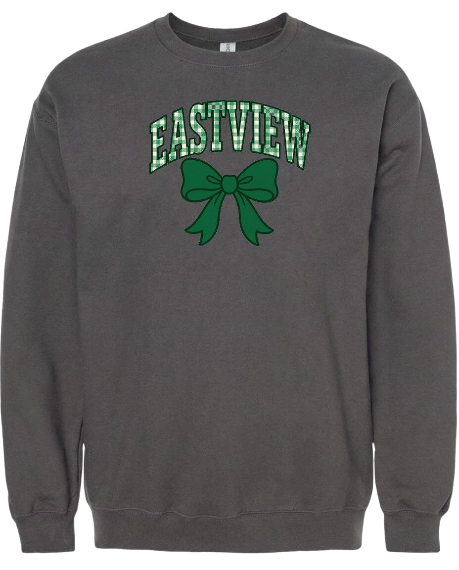 A gray sweatshirt with a green bow and the word "EASTVIEW" printed on it.